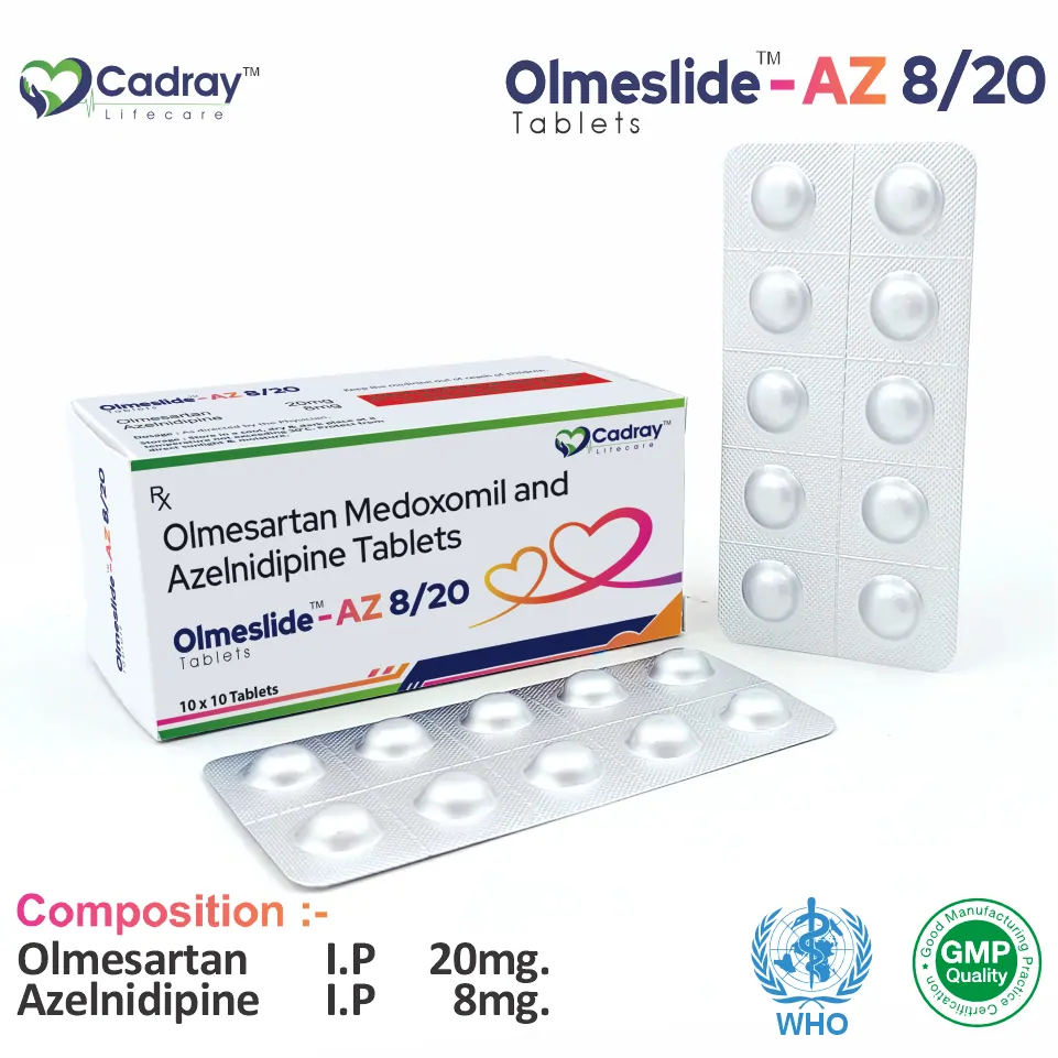 Olmesartan 20mg + Azelnidipine 8mg Tablet PCD Pharma Franchise